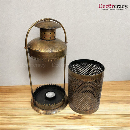 Lantern Iron Antique Golden Netted Design Tealight Candle Holder Stand Tribal Village Art