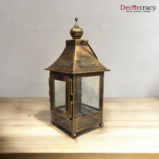 Lantern Glass Iron Medium Antique Golden Netted Design Open Tealight Candle Holder Stand Tribal Village Modern Art