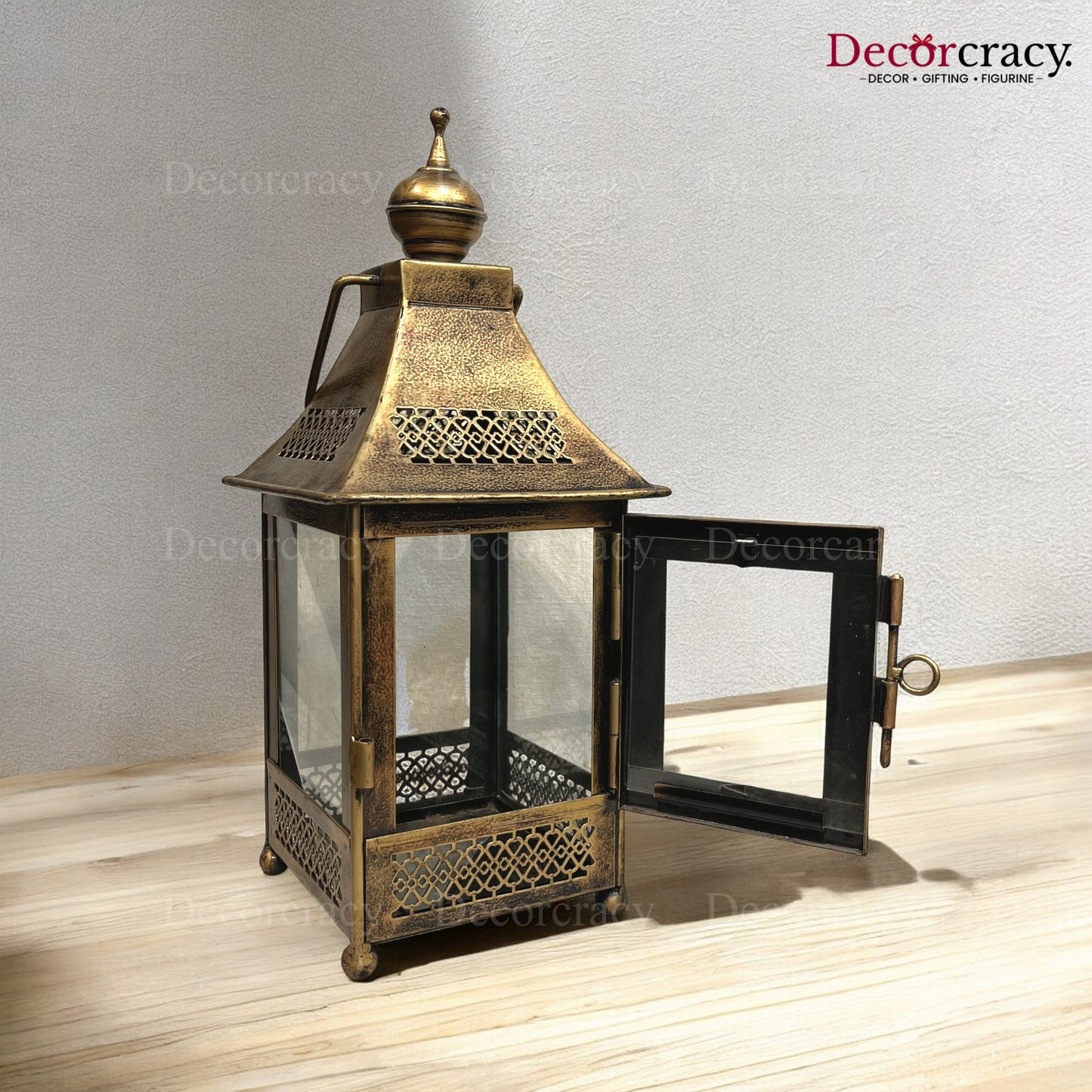 Lantern Glass Iron Medium Antique Golden Netted Design Open Tealight Candle Holder Stand Tribal Village Modern Art