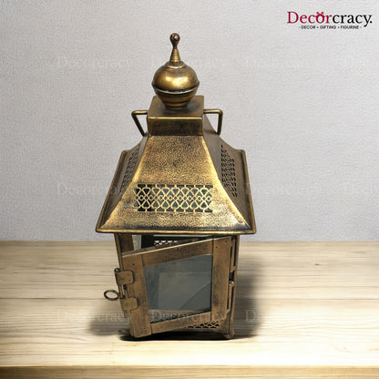 Lantern Glass Iron Medium Antique Golden Netted Design Open Tealight Candle Holder Stand Tribal Village Modern Art
