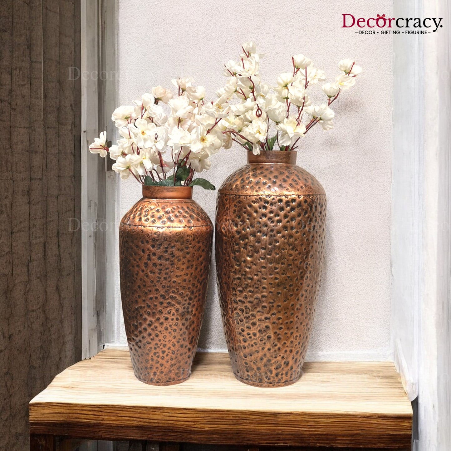 Flower Vase set of 2 Metal Hammered Design Antique Copper Tribal Village Art