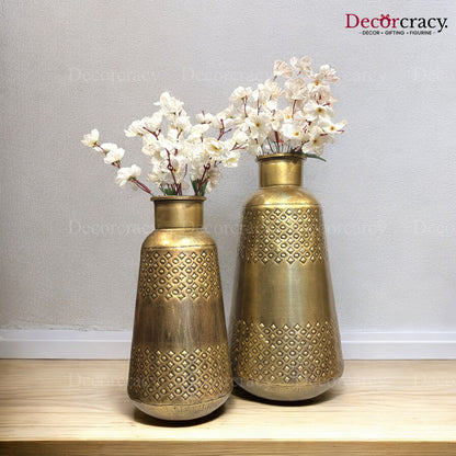 Flower Vase set of 2 Metal Hammered Design Antique Golden Tribal Village Art