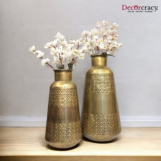 Flower Vase set of 2 Metal Hammered Design Antique Golden Tribal Village Art
