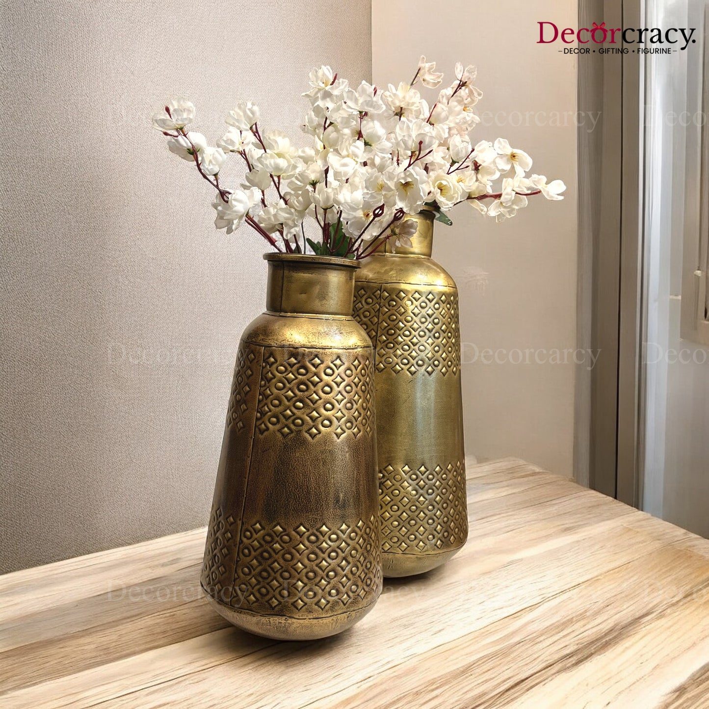 Flower Vase set of 2 Metal Hammered Design Antique Golden Tribal Village Art