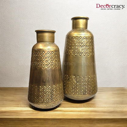Flower Vase set of 2 Metal Hammered Design Antique Golden Tribal Village Art