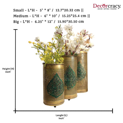 Leafcut Flower Vase set of 3 Metal Netted Design Antique Golden Tribal Village Art