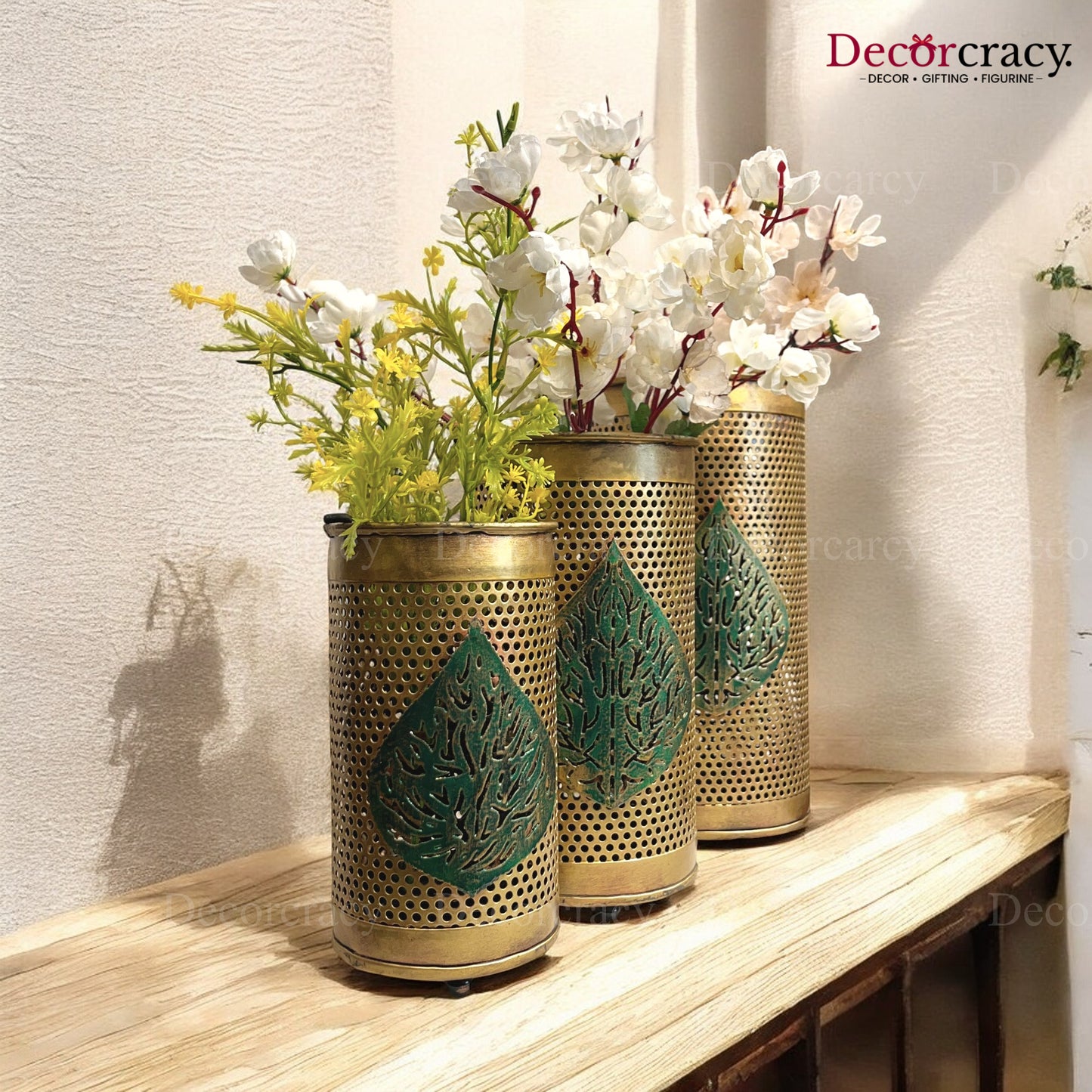 Leafcut Flower Vase set of 3 Metal Netted Design Antique Golden Tribal Village Art