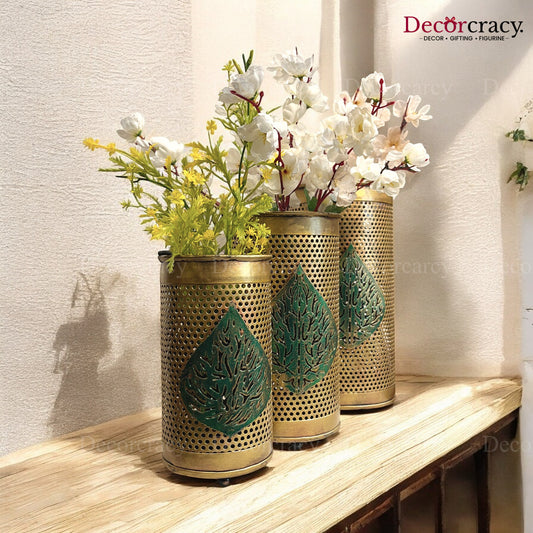 Leafcut Flower Vase set of 3 Metal Netted Design Antique Golden Tribal Village Art