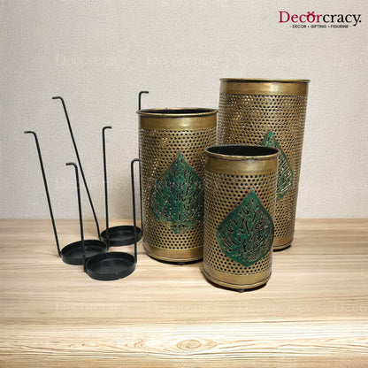 Leafcut Flower Vase set of 3 Metal Netted Design Antique Golden Tribal Village Art