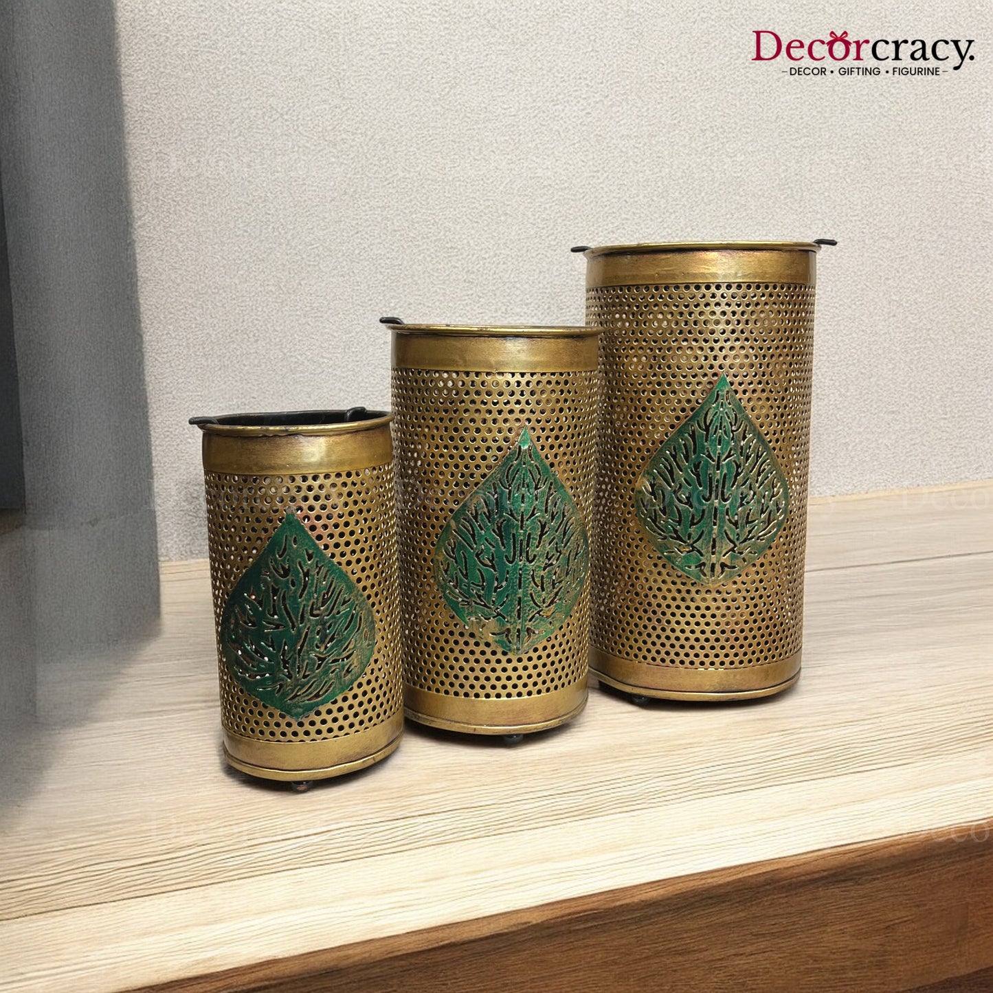 Leafcut Flower Vase set of 3 Metal Netted Design Antique Golden Tribal Village Art