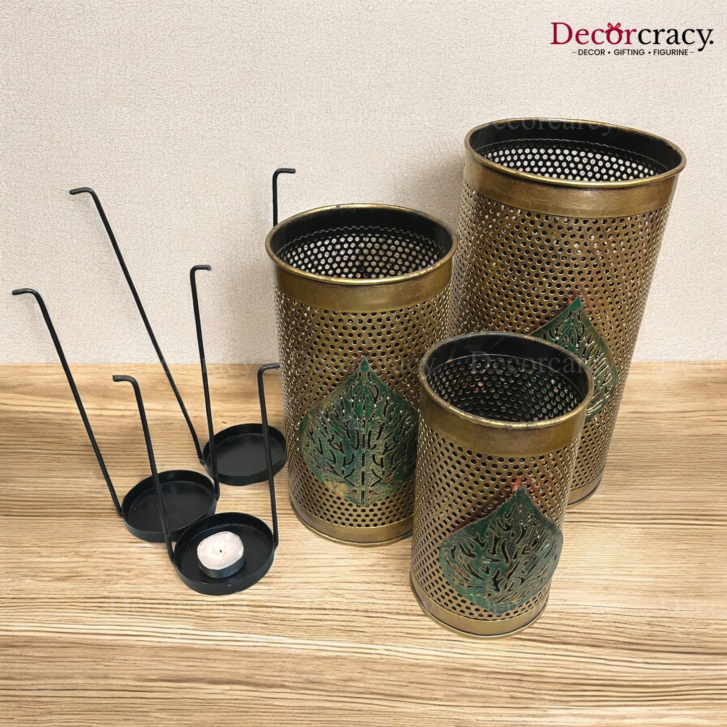 Leafcut Flower Vase set of 3 Metal Netted Design Antique Golden Tribal Village Art