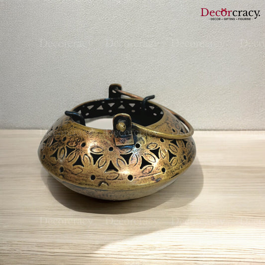 Degchi Small Iron Antique Golden Netted Design Tealight Candle Holder Stand Tribal Village Art