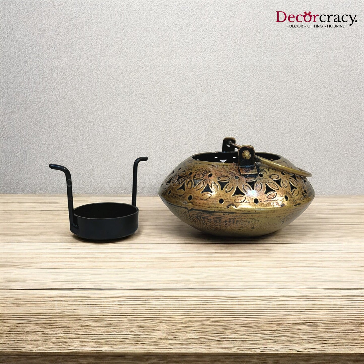 Degchi Small Iron Antique Golden Netted Design Tealight Candle Holder Stand Tribal Village Art