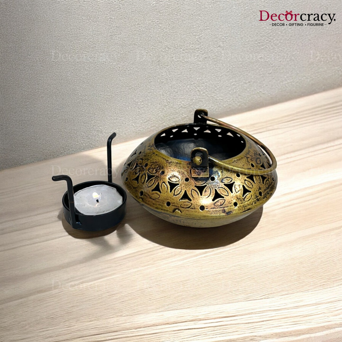 Degchi Small Iron Antique Golden Netted Design Tealight Candle Holder Stand Tribal Village Art