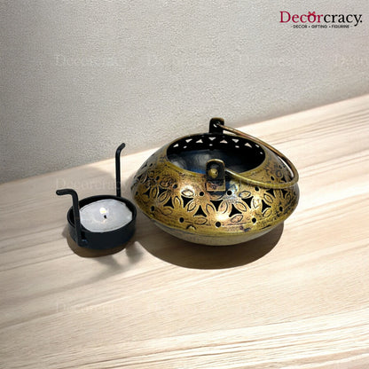 Degchi Small Iron Antique Golden Netted Design Tealight Candle Holder Stand Tribal Village Art