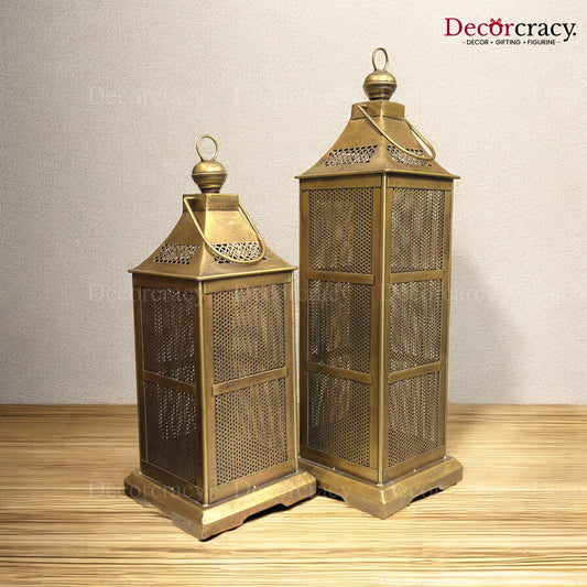 Lantern Set Iron Antique Golden Netted Design Tealight Candle Holder Stand Tribal Village Art