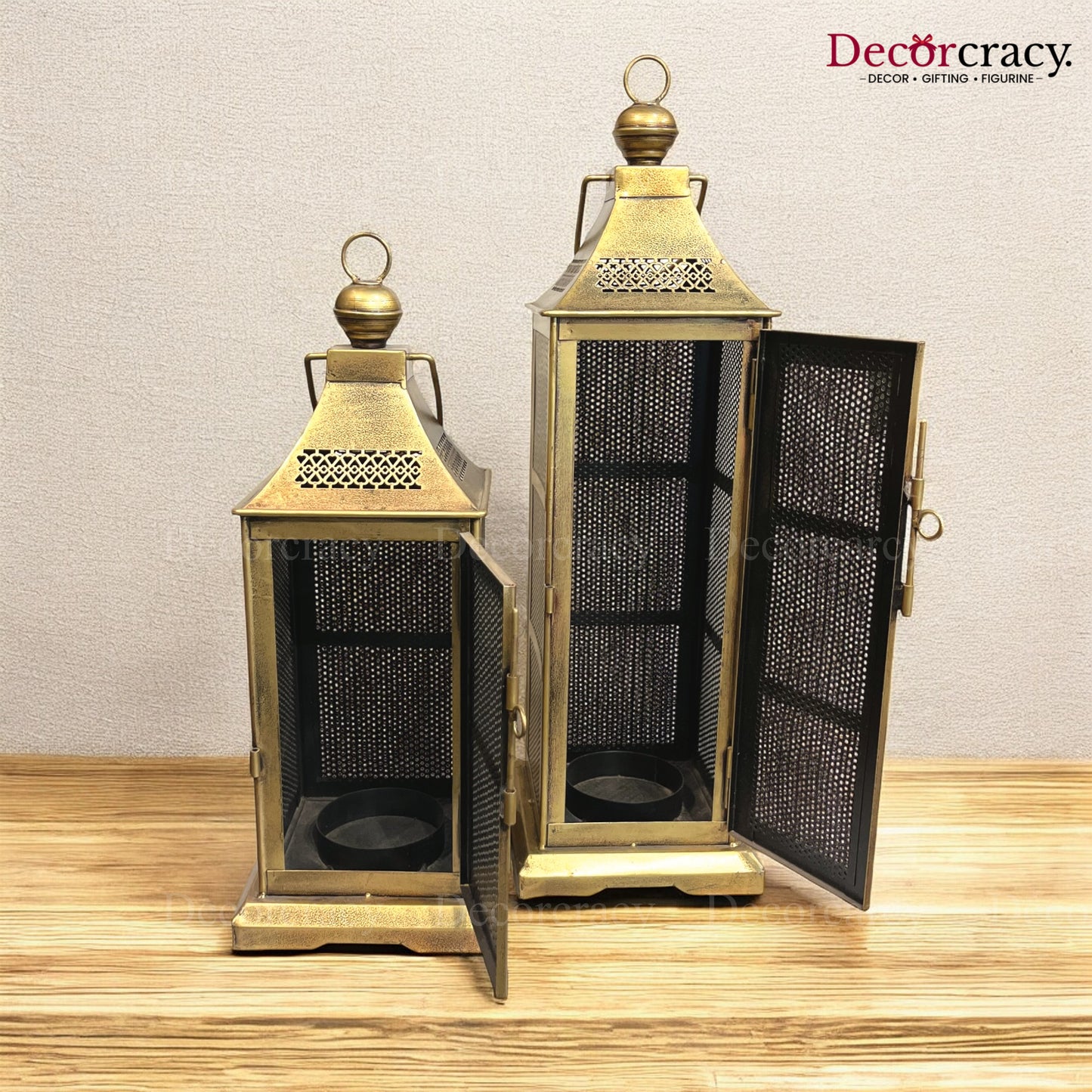 Lantern Set Iron Antique Golden Netted Design Tealight Candle Holder Stand Tribal Village Art