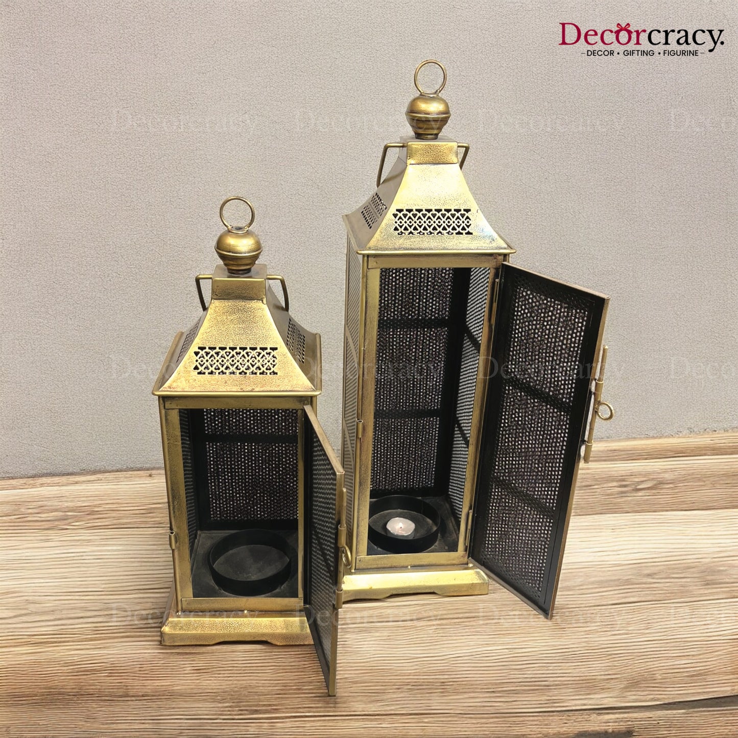 Lantern Set Iron Antique Golden Netted Design Tealight Candle Holder Stand Tribal Village Art