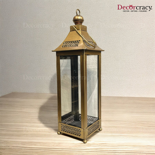 Lantern Glass Iron Big Antique Golden Netted Design Open Tealight Candle Holder Stand Tribal Village Modern Art