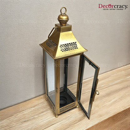Lantern Glass Iron Big Antique Golden Netted Design Open Tealight Candle Holder Stand Tribal Village Modern Art
