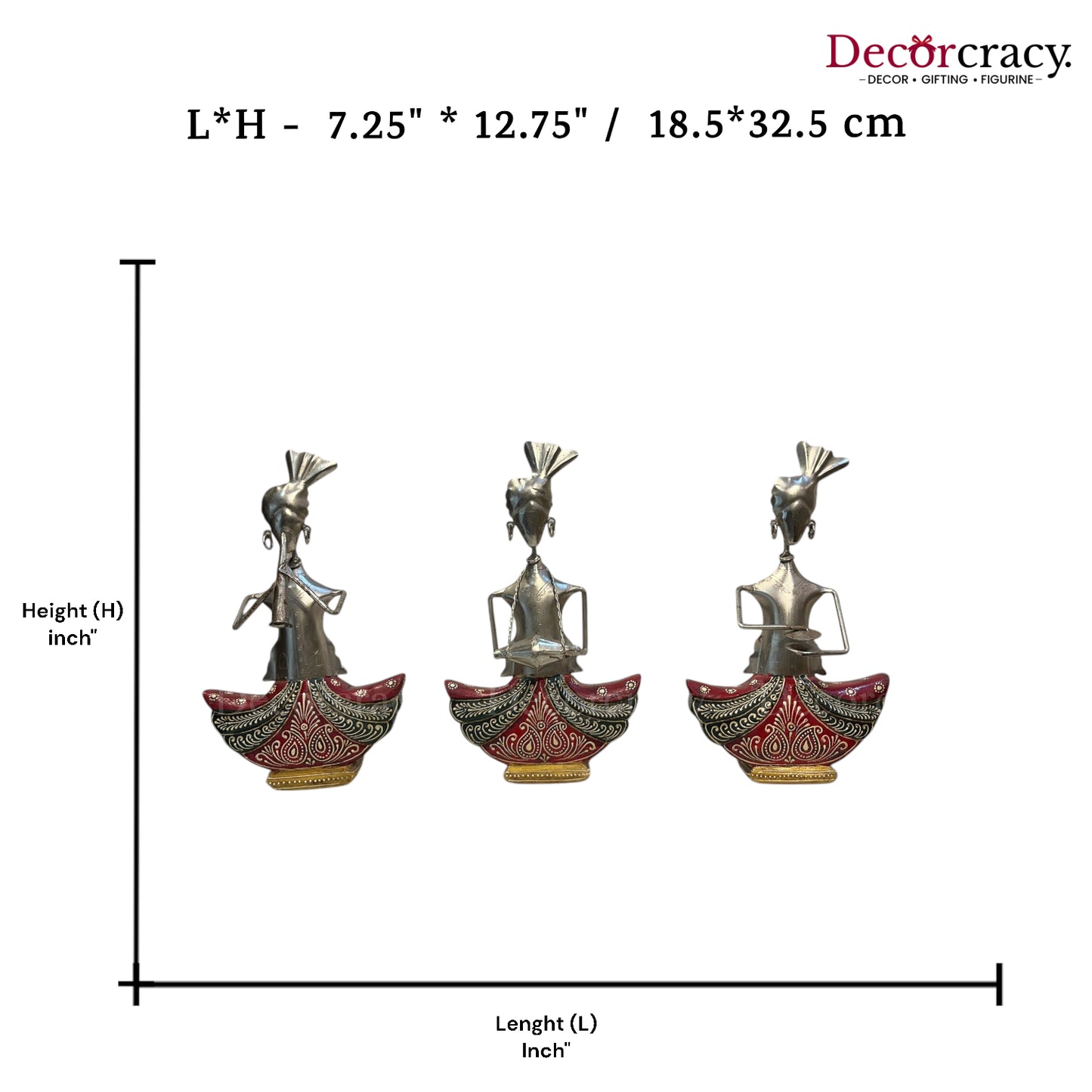 3pc Red Ghagra Silver Musician Iron Showpieces Tribal Art Musical Instrument TV Unit Décor Tabletop
