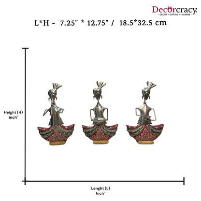 3pc Red Ghagra Silver Musician Iron Showpieces Tribal Art Musical Instrument TV Unit Décor Tabletop