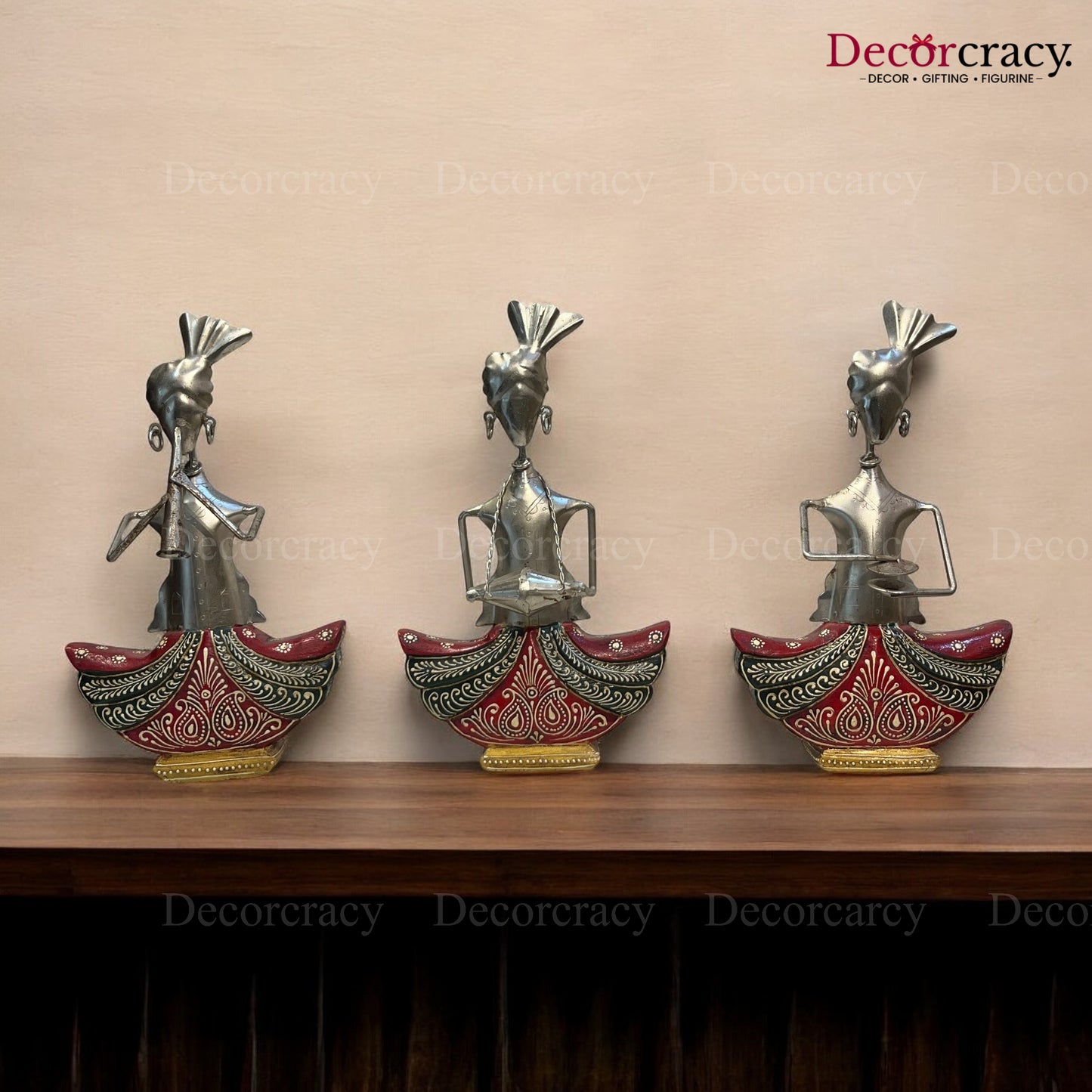 3pc Red Ghagra Silver Musician Iron Showpieces Tribal Art Musical Instrument TV Unit Décor Tabletop
