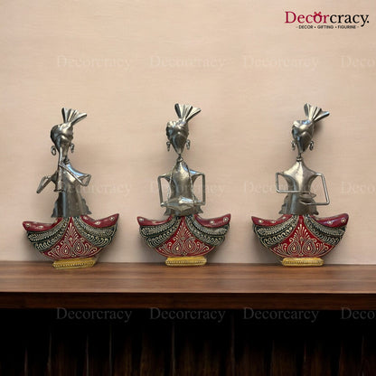3pc Red Ghagra Silver Musician Iron Showpieces Tribal Art Musical Instrument TV Unit Décor Tabletop