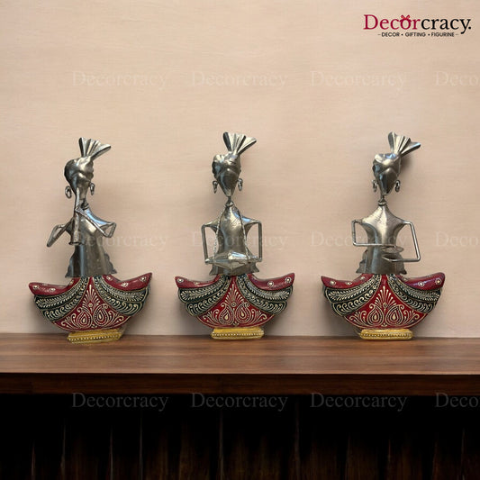 3pc Red Ghagra Silver Musician Iron Showpieces Tribal Art Musical Instrument TV Unit Décor Tabletop