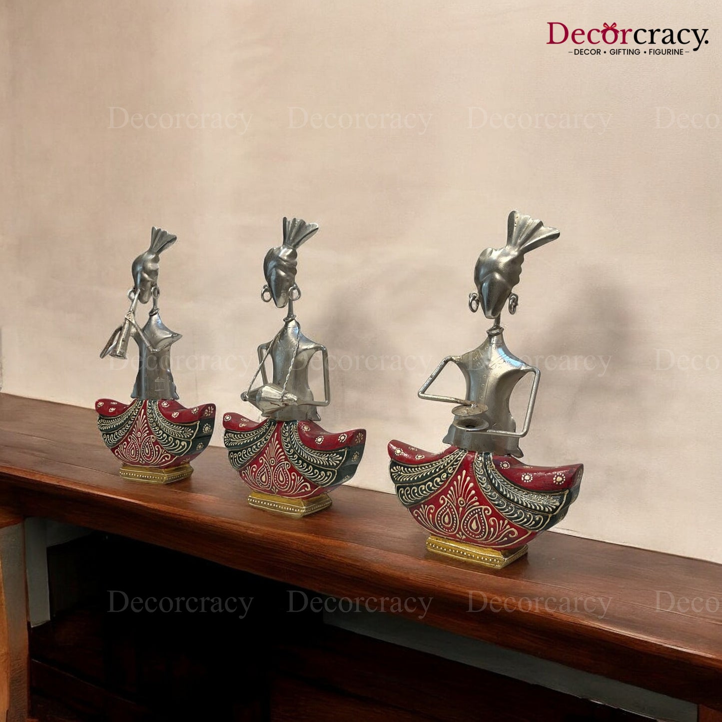 3pc Red Ghagra Silver Musician Iron Showpieces Tribal Art Musical Instrument TV Unit Décor Tabletop