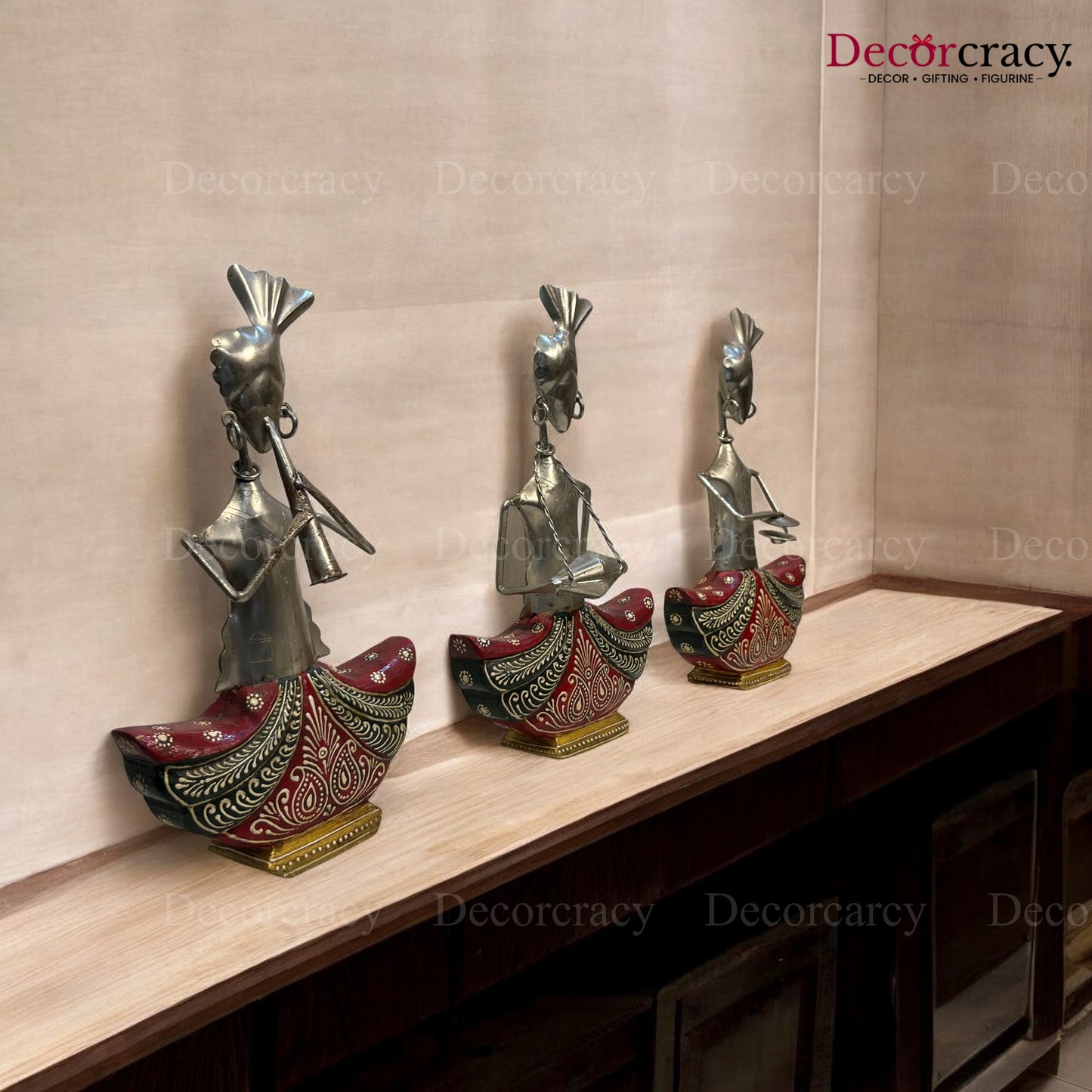 3pc Red Ghagra Silver Musician Iron Showpieces Tribal Art Musical Instrument TV Unit Décor Tabletop
