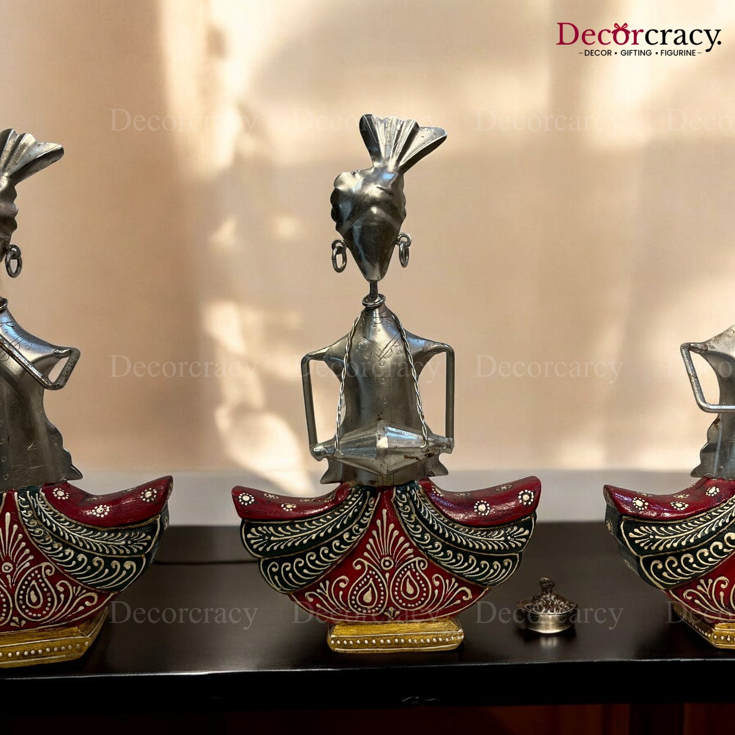 3pc Red Ghagra Silver Musician Iron Showpieces Tribal Art Musical Instrument TV Unit Décor Tabletop