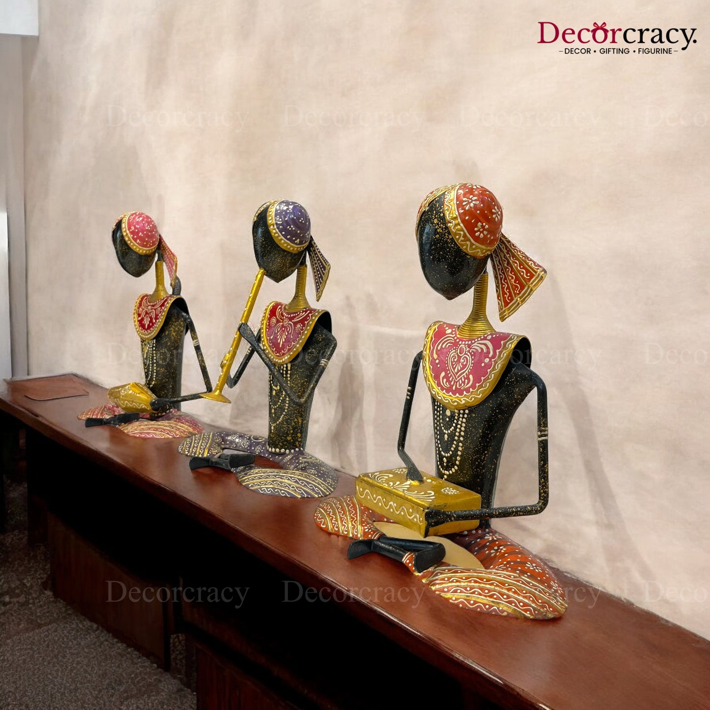 3pc Multicolor Musician Iron Showpieces Tribal Art Musical Instrument TV Unit Décor Tabletop