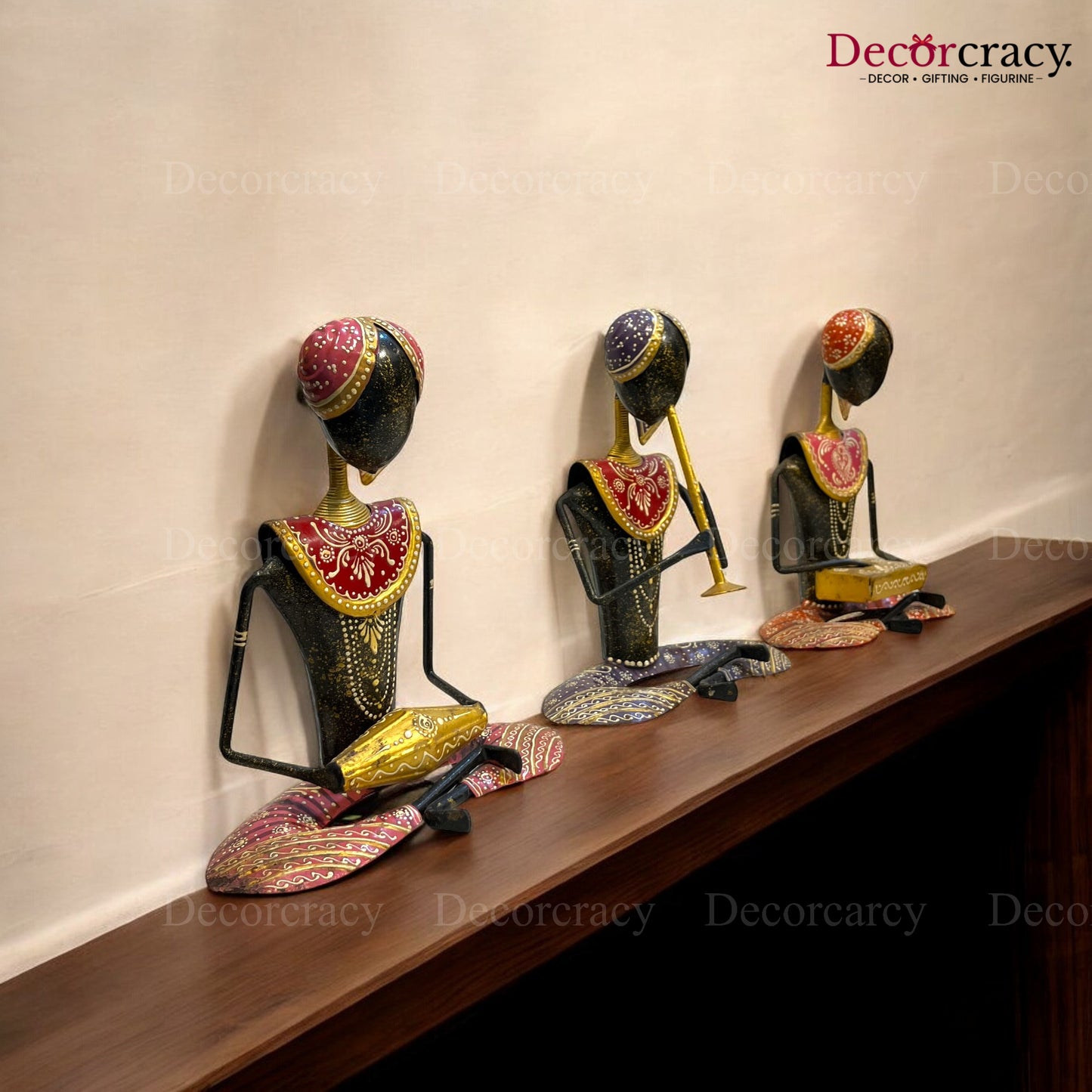 3pc Multicolor Musician Iron Showpieces Tribal Art Musical Instrument TV Unit Décor Tabletop