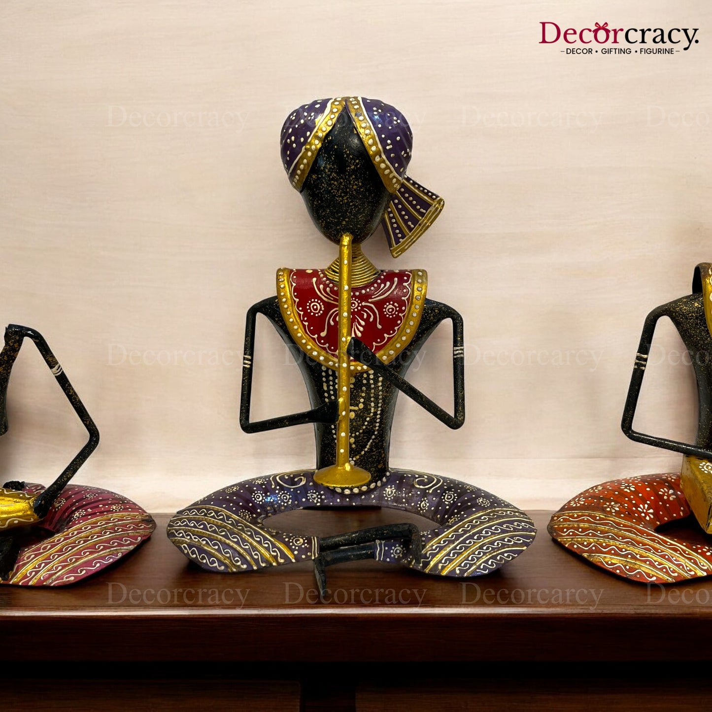3pc Multicolor Musician Iron Showpieces Tribal Art Musical Instrument TV Unit Décor Tabletop