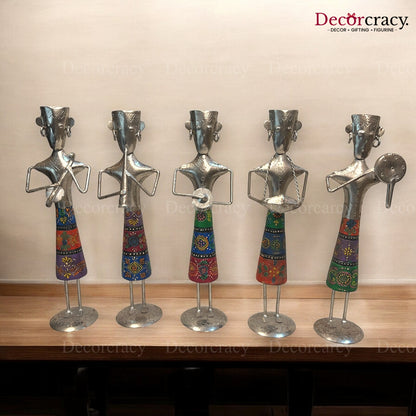 5pc Women Silver Musician Iron Showpieces Tribal Art Musical Instrument TV Unit Décor Tabletop