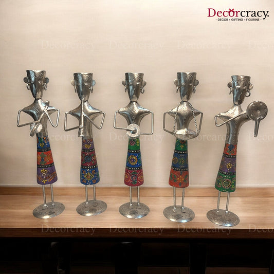 5pc Women Silver Musician Iron Showpieces Tribal Art Musical Instrument TV Unit Décor Tabletop