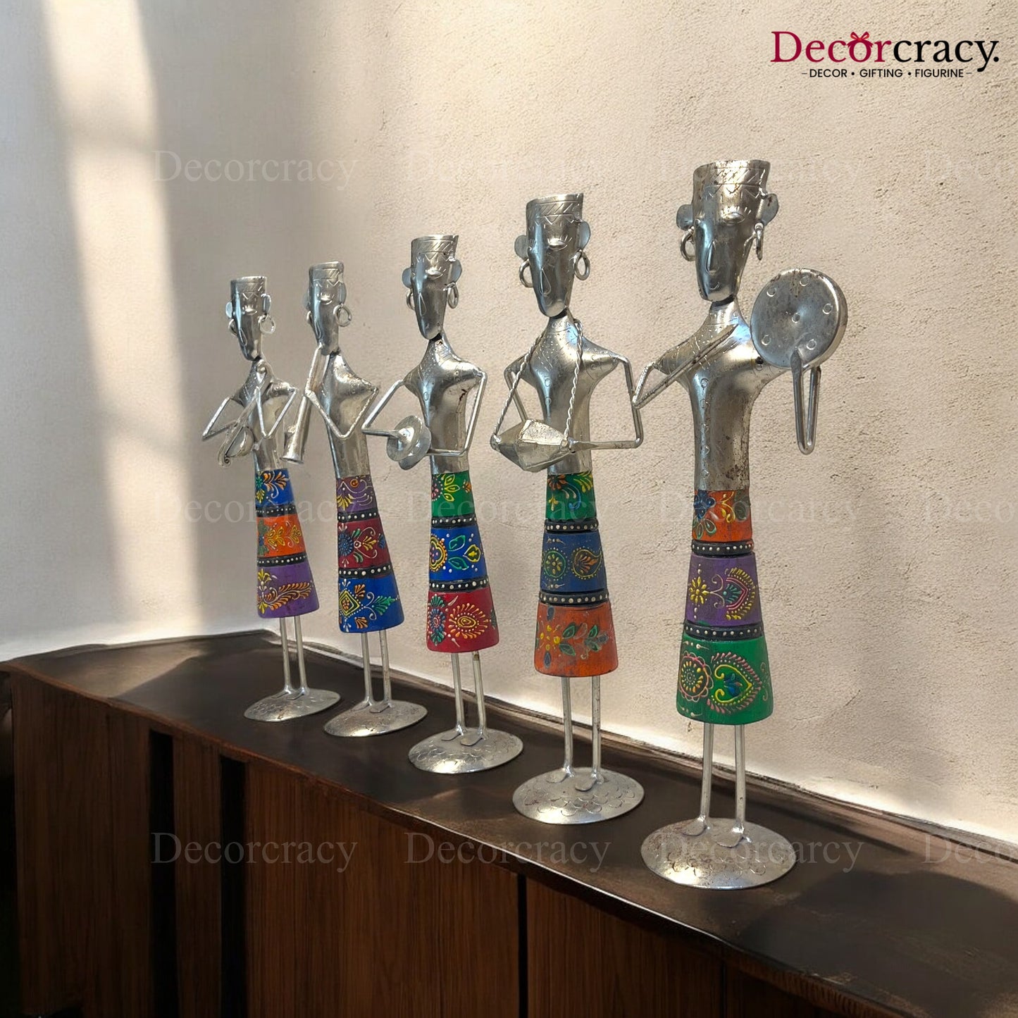 5pc Women Silver Musician Iron Showpieces Tribal Art Musical Instrument TV Unit Décor Tabletop