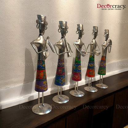 5pc Women Silver Musician Iron Showpieces Tribal Art Musical Instrument TV Unit Décor Tabletop