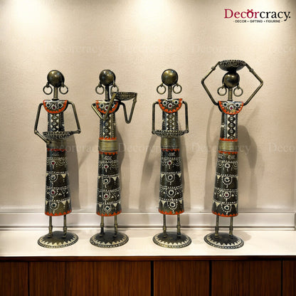 4pc Tribal Women Working Set Iron Showpieces Tribal Art Musical Instrument TV Unit Décor Tabletop