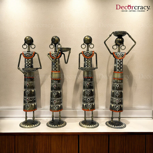 4pc Tribal Women Working Set Iron Showpieces Tribal Art Musical Instrument TV Unit Décor Tabletop