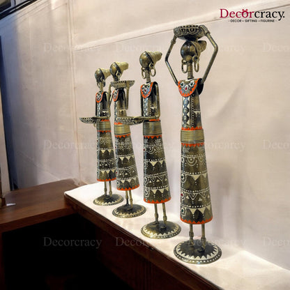 4pc Tribal Women Working Set Iron Showpieces Tribal Art Musical Instrument TV Unit Décor Tabletop