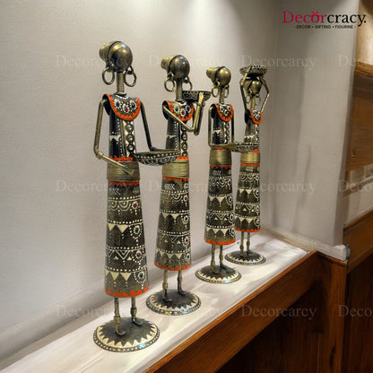 4pc Tribal Women Working Set Iron Showpieces Tribal Art Musical Instrument TV Unit Décor Tabletop
