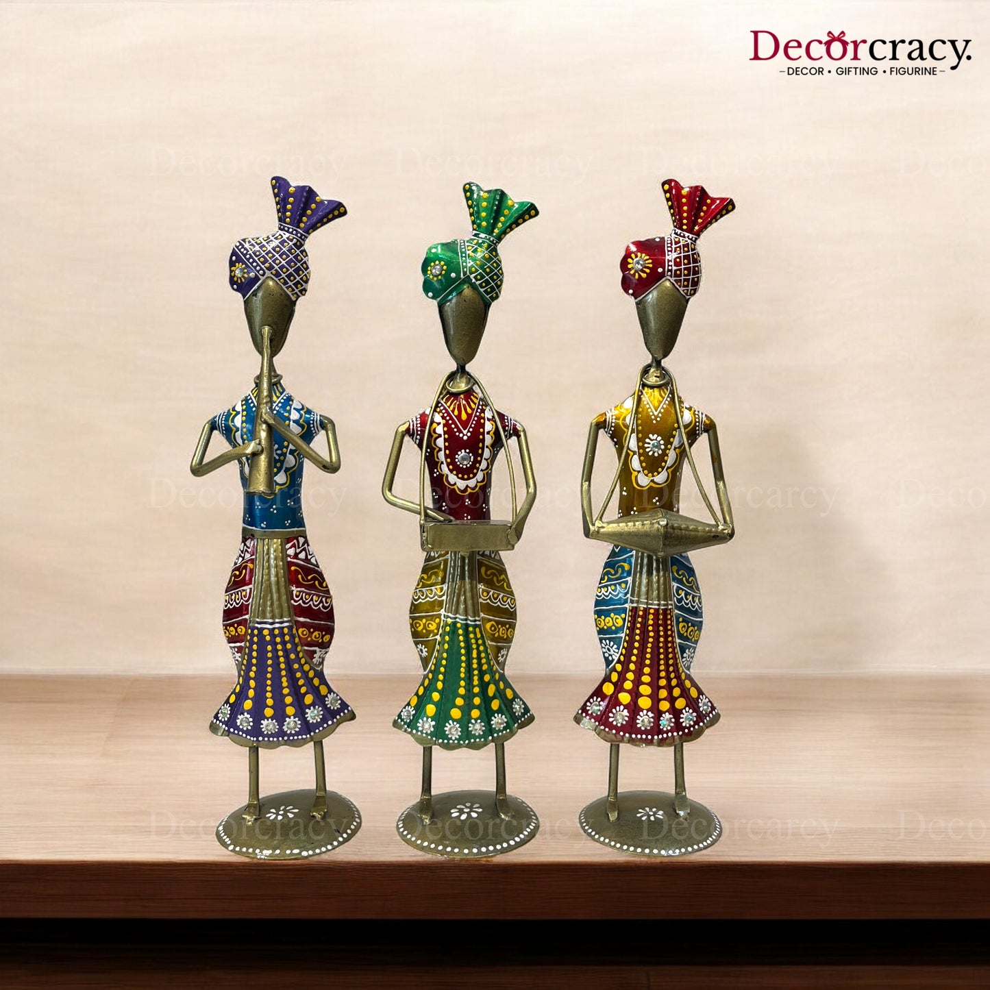 3pc Multicolor Musician Iron Showpieces Tribal Art Musical Instrument TV Unit Décor Tabletop