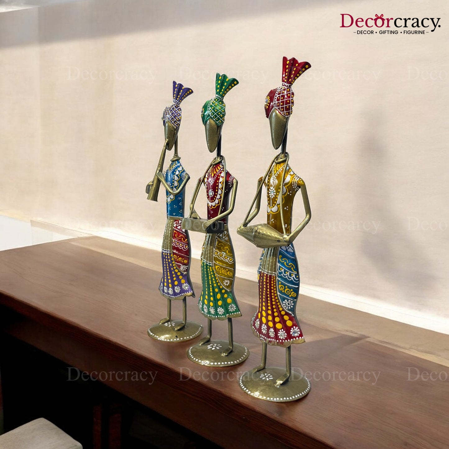 3pc Multicolor Musician Iron Showpieces Tribal Art Musical Instrument TV Unit Décor Tabletop