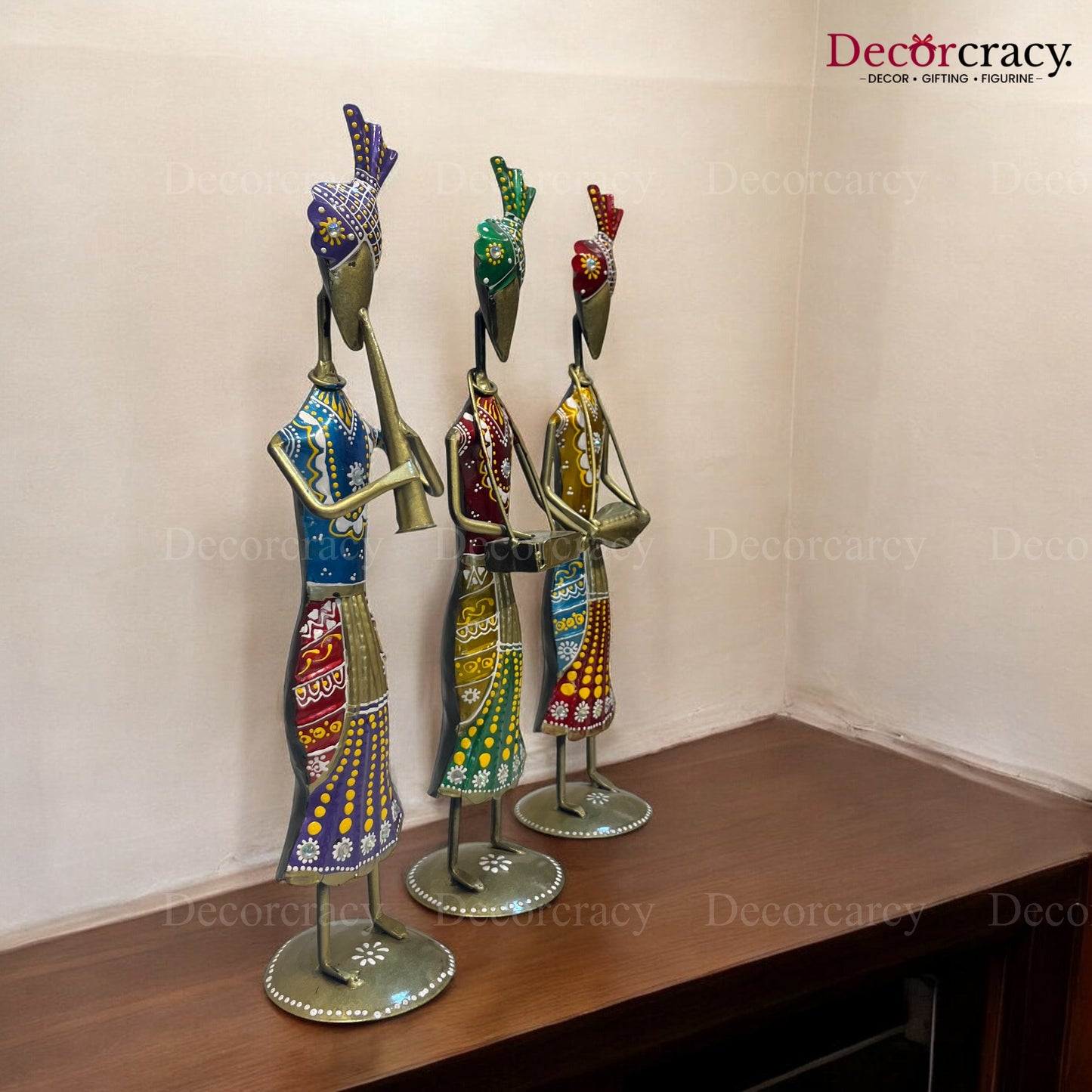 3pc Multicolor Musician Iron Showpieces Tribal Art Musical Instrument TV Unit Décor Tabletop