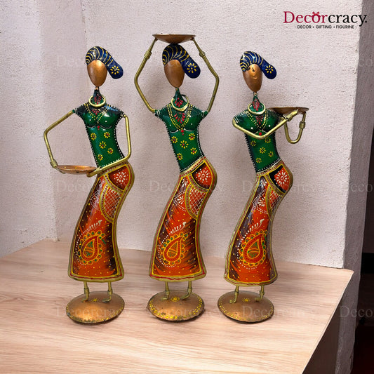 3pc Working Women Set Multicolor Iron Showpieces Tribal Art Musical Instrument TV Unit Décor Tabletop