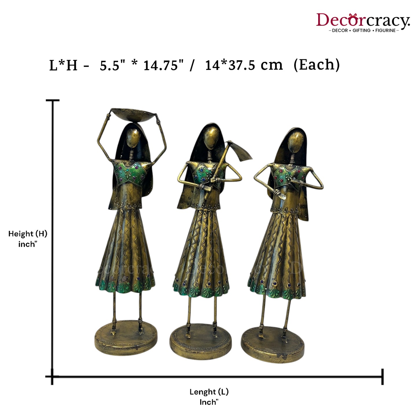 3pc Working Women Set Antique Gold  Iron Showpieces Tribal Art Musical Instrument TV Unit Décor Tabletop