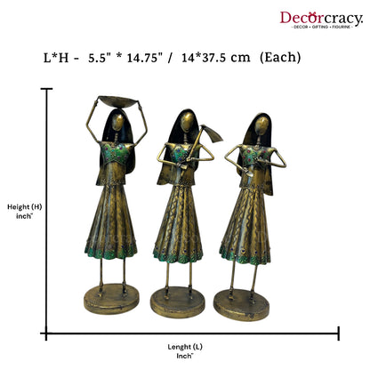 3pc Working Women Set Antique Gold  Iron Showpieces Tribal Art Musical Instrument TV Unit Décor Tabletop