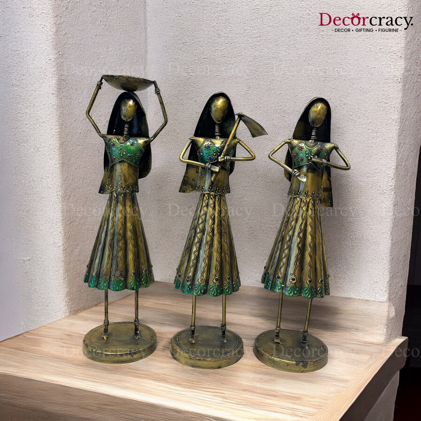 3pc Working Women Set Antique Gold  Iron Showpieces Tribal Art Musical Instrument TV Unit Décor Tabletop
